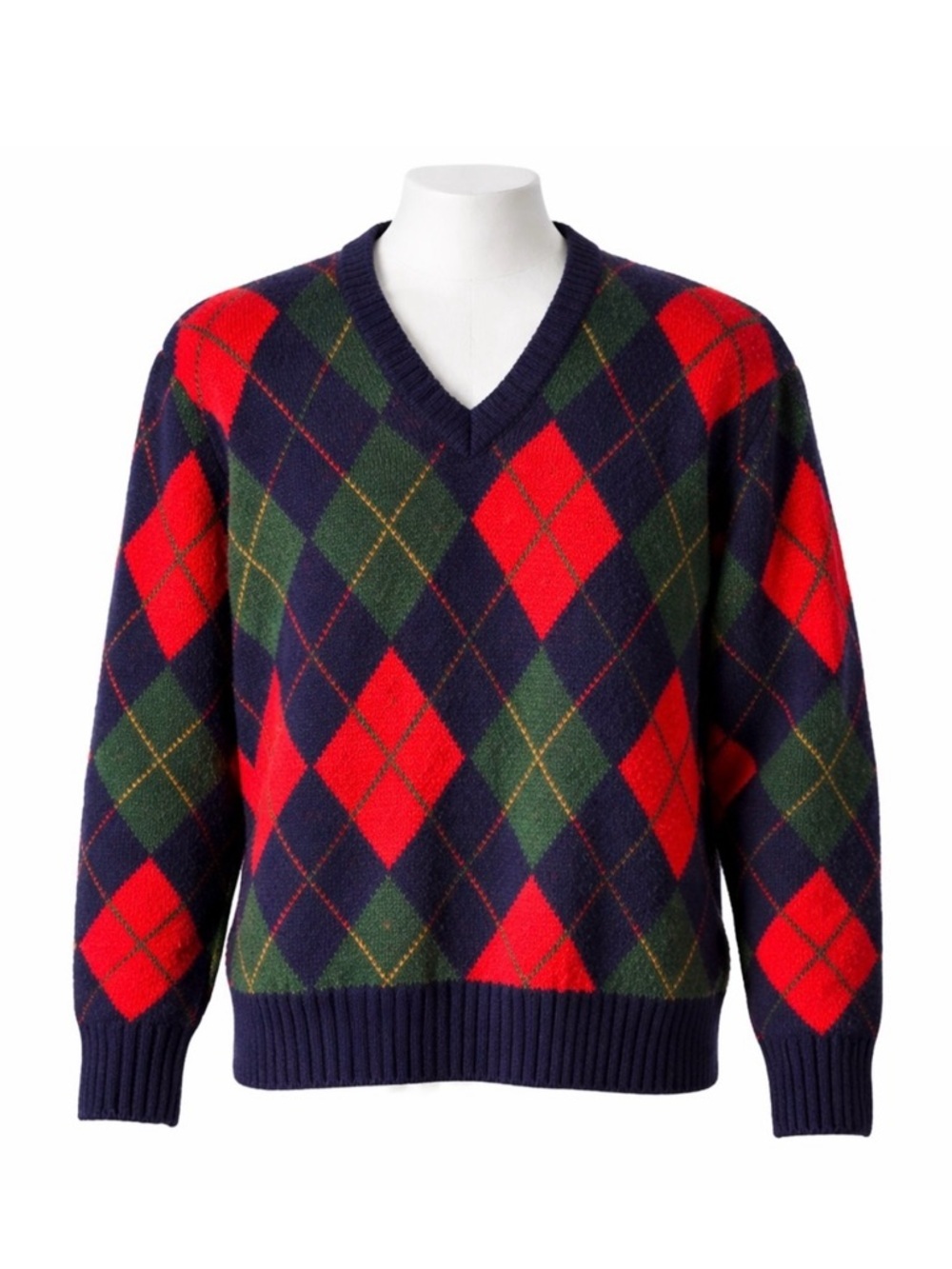 Size M Len Mills Men’s Vintage Argyle Wool Mohair Blend V Neck Sweater Retro